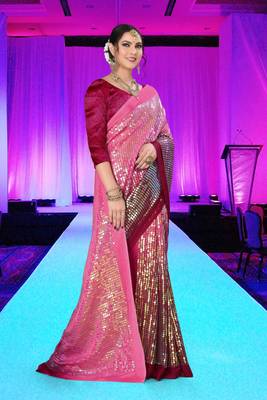 Pink embroidered silk saree with blouse 4