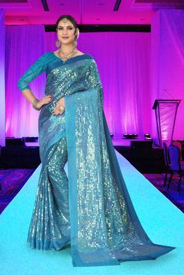 Turquoise embroidered silk saree with blouse 1