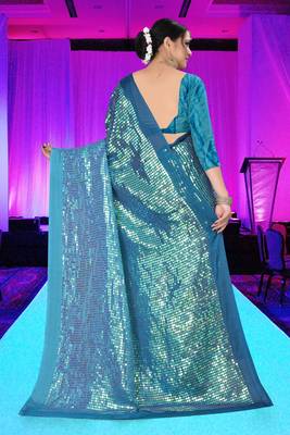 Turquoise embroidered silk saree with blouse 2