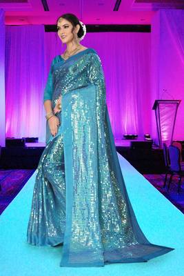 Turquoise embroidered silk saree with blouse 3