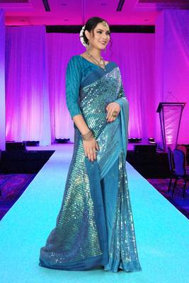 Turquoise embroidered silk saree with blouse 4