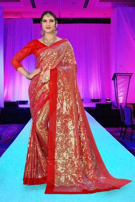 Red embroidered silk saree with blouse 1