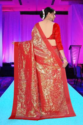 Red embroidered silk saree with blouse 2