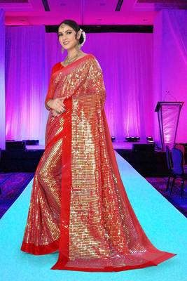 Red embroidered silk saree with blouse 3