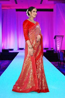 Red embroidered silk saree with blouse 4
