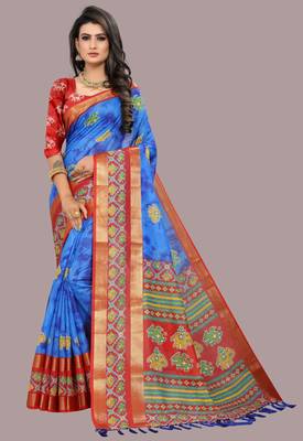 Blue printed cotton silk saree with blouse 1