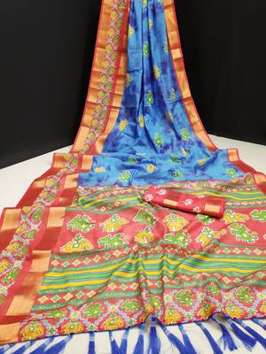 Blue printed cotton silk saree with blouse 2