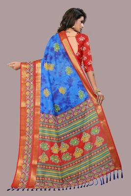 Blue printed cotton silk saree with blouse 3