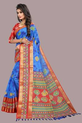 Blue printed cotton silk saree with blouse 4