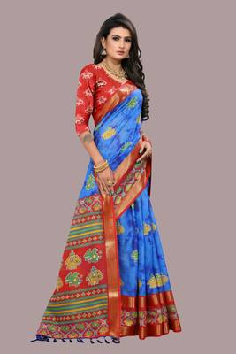 Blue printed cotton silk saree with blouse 5