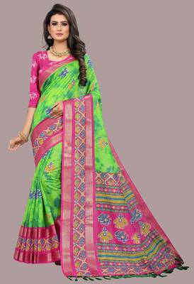 Green printed cotton silk saree with blouse 1