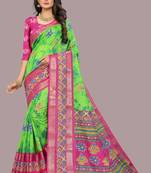 Green printed cotton silk saree with blouse