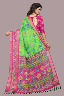 Green printed cotton silk saree with blouse 3