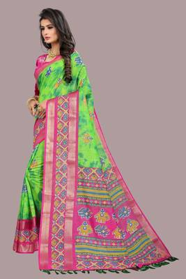 Green printed cotton silk saree with blouse 4