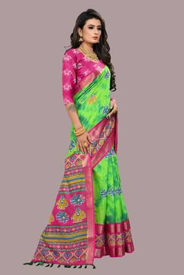 Green printed cotton silk saree with blouse 5