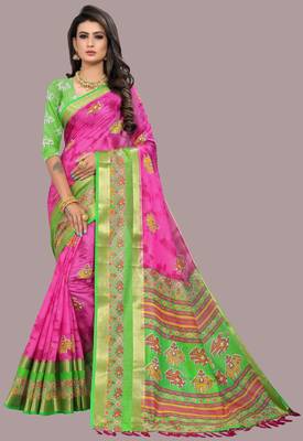 Pink printed cotton silk saree with blouse 1