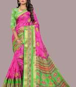 Pink printed cotton silk saree with blouse