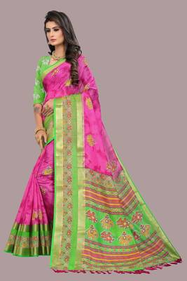 Pink printed cotton silk saree with blouse 4
