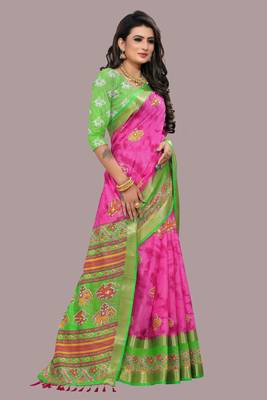Pink printed cotton silk saree with blouse 5