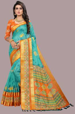 Turquoise printed cotton silk saree with blouse 1