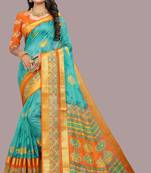 Turquoise printed cotton silk saree with blouse