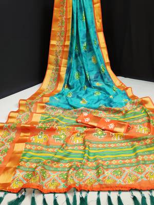 Turquoise printed cotton silk saree with blouse 2