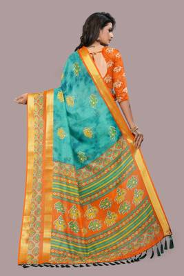 Turquoise printed cotton silk saree with blouse 3