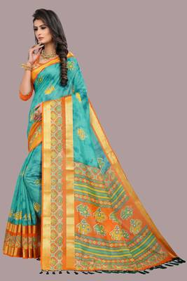 Turquoise printed cotton silk saree with blouse 4