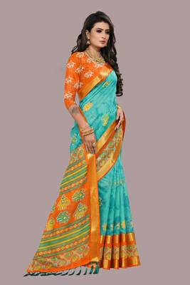 Turquoise printed cotton silk saree with blouse 5