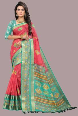 Red printed cotton silk saree with blouse 1
