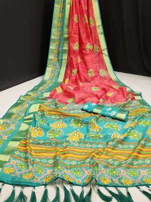 Red printed cotton silk saree with blouse 2