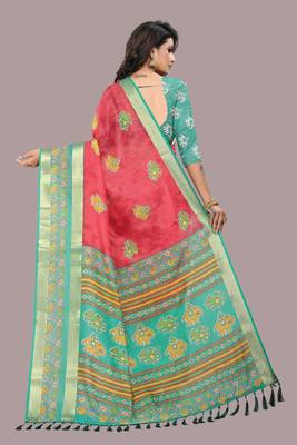Red printed cotton silk saree with blouse 3