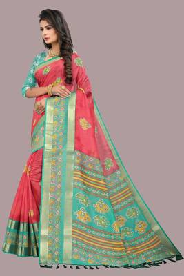 Red printed cotton silk saree with blouse 4