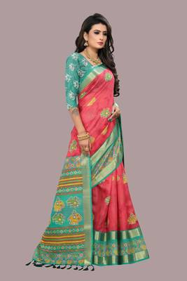 Red printed cotton silk saree with blouse 5
