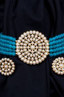 Blue Plated Pearl Diamond Kundan Choker Necklace with Round Earrings Traditional Jewellery Set