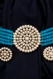 Blue Plated Pearl Diamond Kundan Choker Necklace with Round Earrings Traditional Jewellery Set