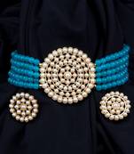 Blue Plated Pearl Diamond Kundan Choker Necklace with Round Earrings Traditional Jewellery Set