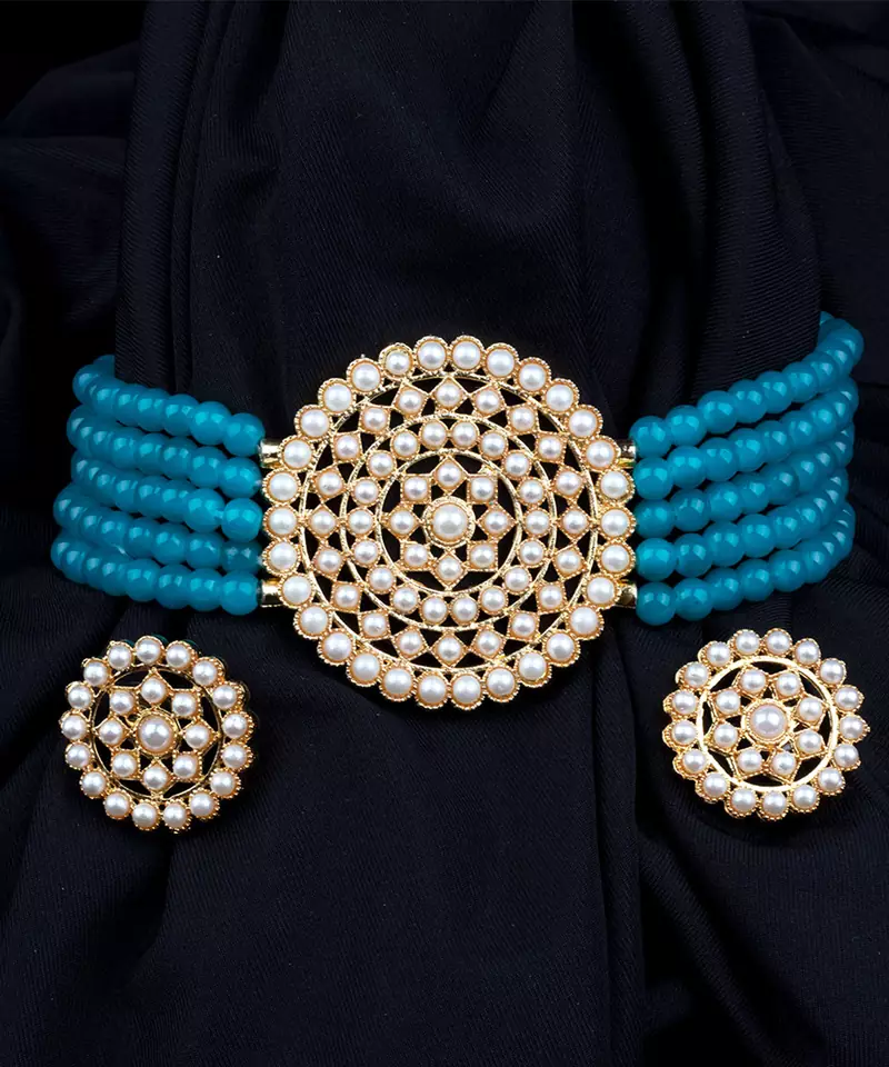 Blue Plated Pearl Diamond Kundan Choker Necklace with Round Earrings Traditional Jewellery Set