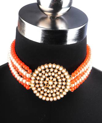 Orange Beaded Plated Pearl Choker Necklace Set for Women 2