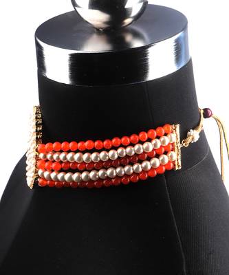 Orange Beaded Plated Pearl Choker Necklace Set for Women 3