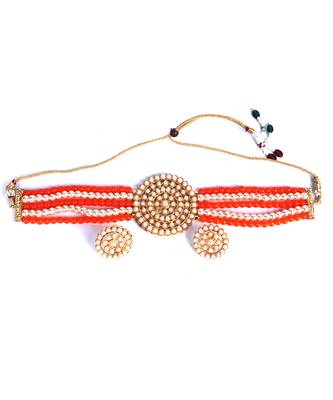Orange Beaded Plated Pearl Choker Necklace Set for Women 4