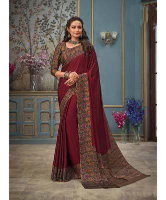 Maroon printed chiffon saree with blouse 1