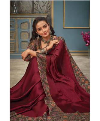 Maroon printed chiffon saree with blouse 2