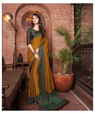 Yellow printed chiffon saree with blouse 1