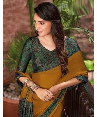 Yellow printed chiffon saree with blouse 2
