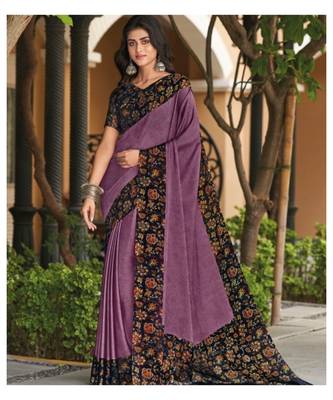 Purple printed chiffon saree with blouse 1