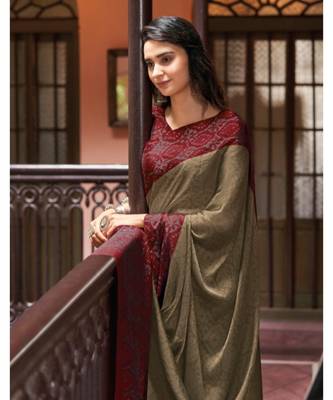 Tan printed chiffon saree with blouse 1