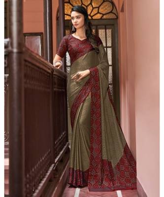 Tan printed chiffon saree with blouse 2