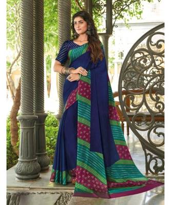 Navy blue printed chiffon saree with blouse 1
