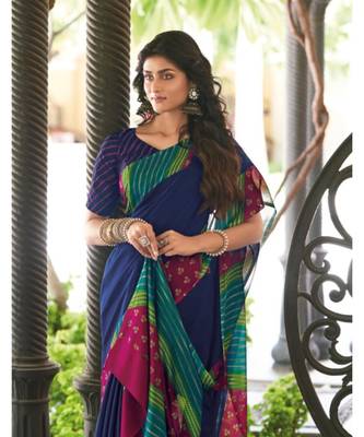 Navy blue printed chiffon saree with blouse 2